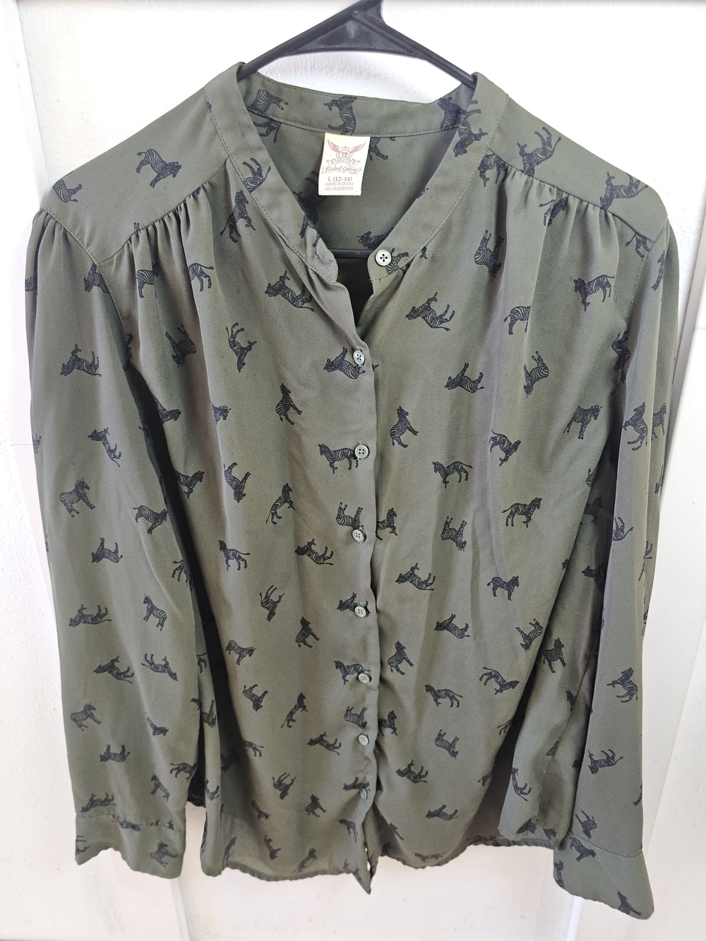 Olive Green Button-Front Shirt with Black Horse Print